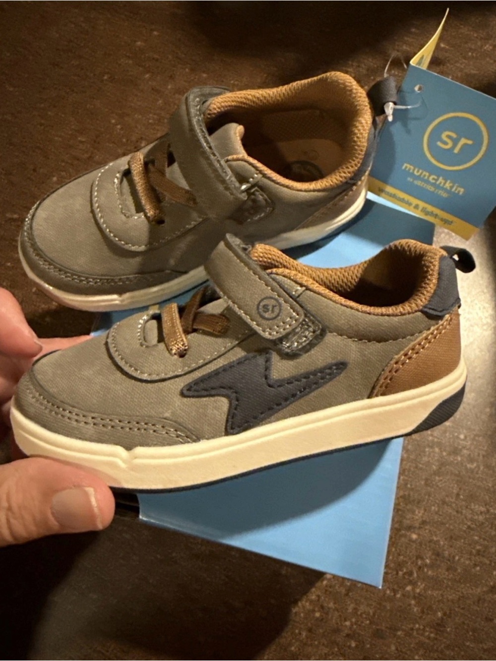 Stride Rite Gray and Brown Kids Sneaker with Navy Accent
